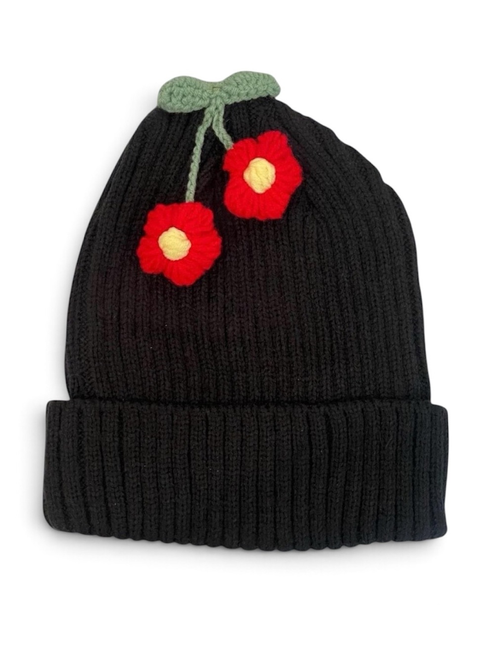 Black Knit Beanie with Red flowers
